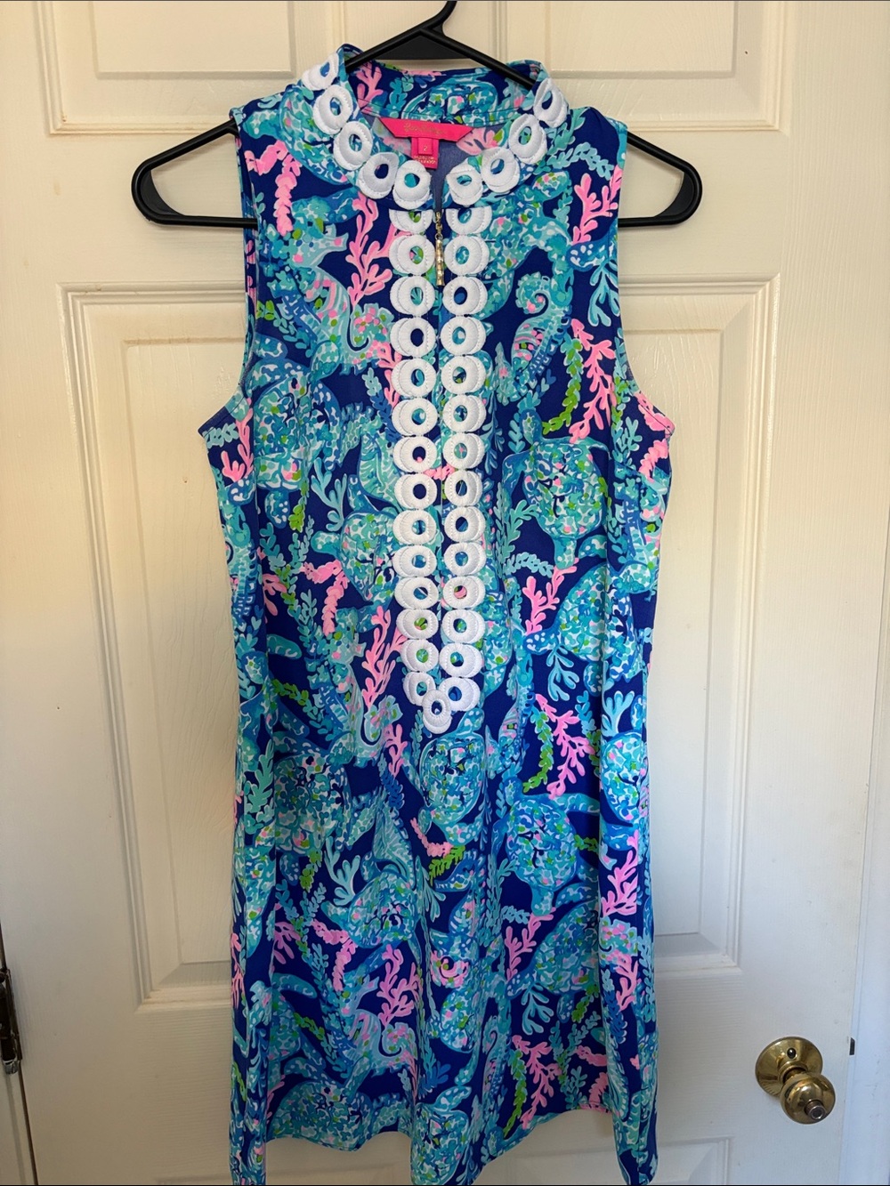 Lilly Pulitzer Navy, Aqua, Pink & White Embroidered Shift Dress